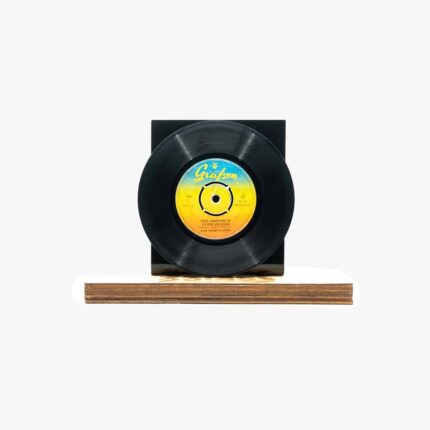 2301450016A | 3345 Records Black vinyl record on a wooden display stand with a dark backboard behind it.