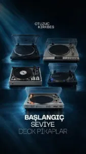 Promotional poster showing five turntables against a blue space backdrop, with Turkish title text suggesting beginner-level deck picks.