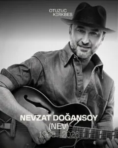 Black-and-white poster of guitarist Nevzat Doğansoy wearing a hat, holding a guitar, with overlaid text at top and bottom.