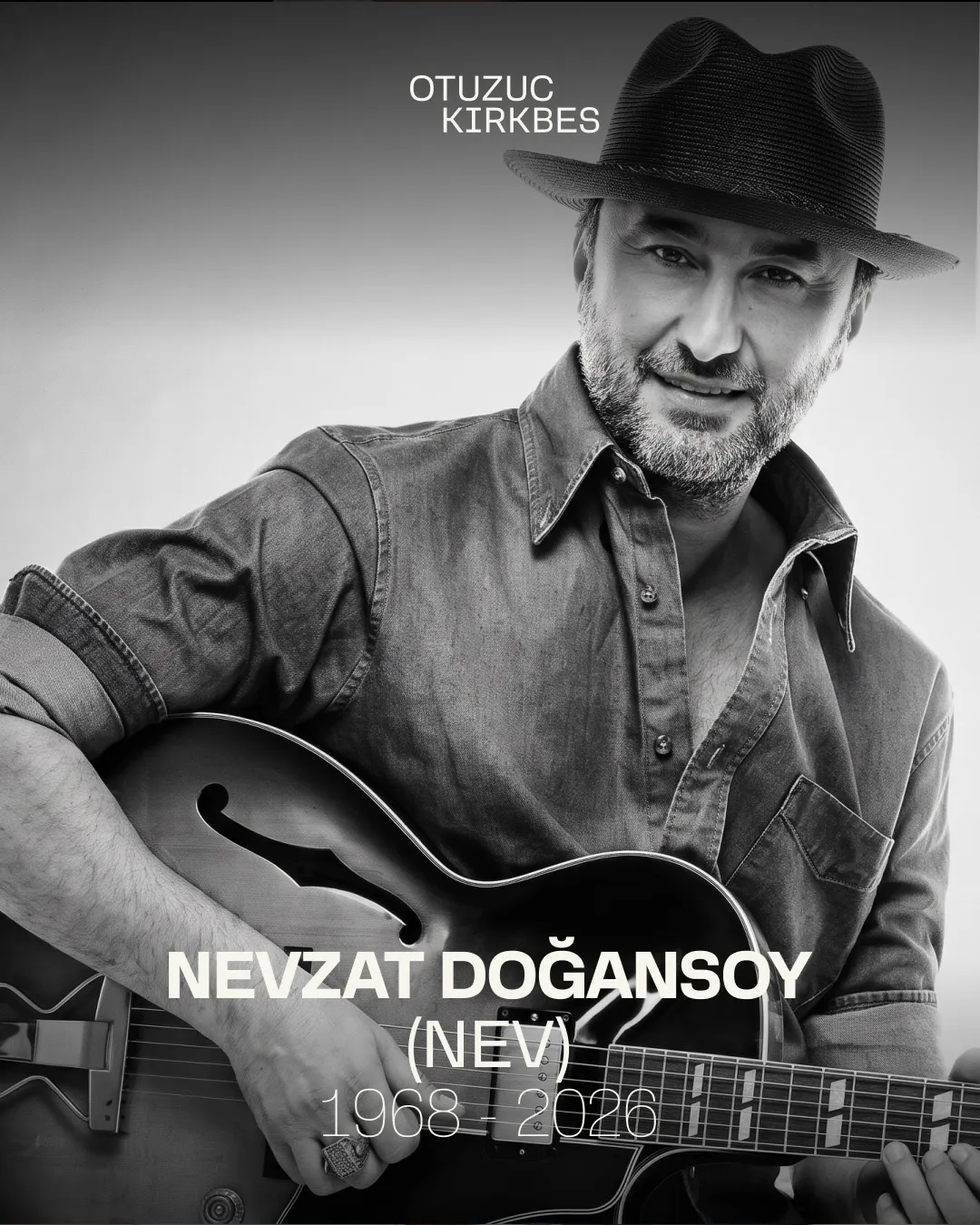 Black-and-white poster of guitarist Nevzat Doğansoy wearing a hat, holding a guitar, with overlaid text at top and bottom.